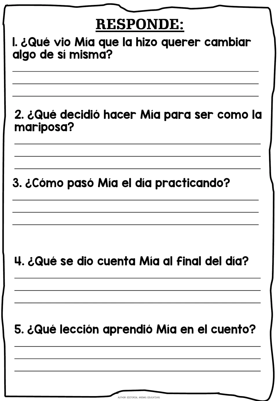 Responde: students write answers to 5 Spanish comprehension questions on what Mía saw, tried, realized and learned