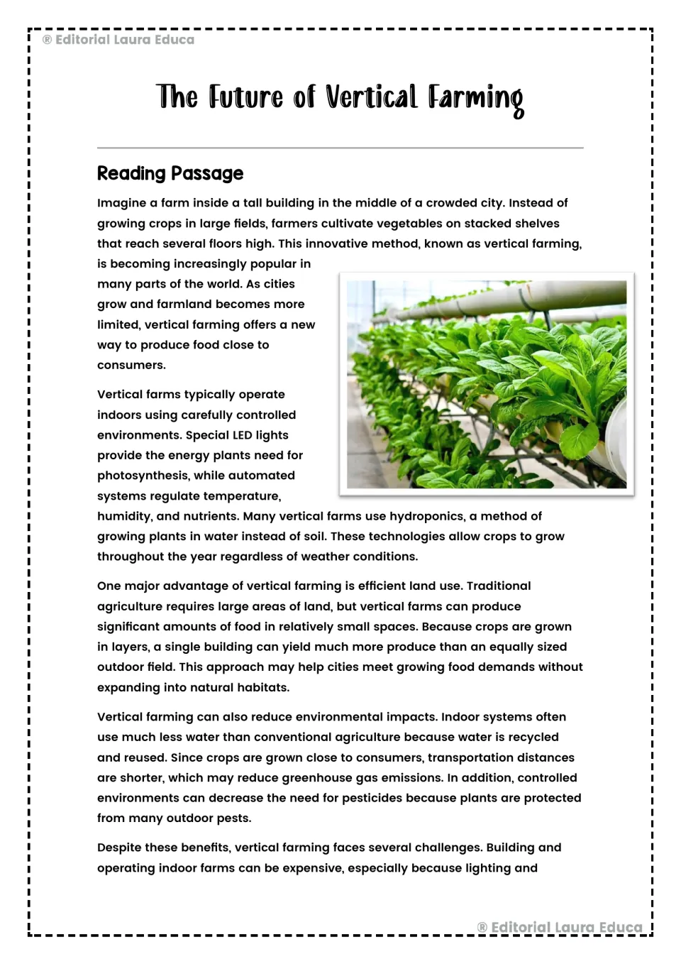 Reading passage opening explains vertical farming, hydroponics, efficient land use, and environmental benefits.