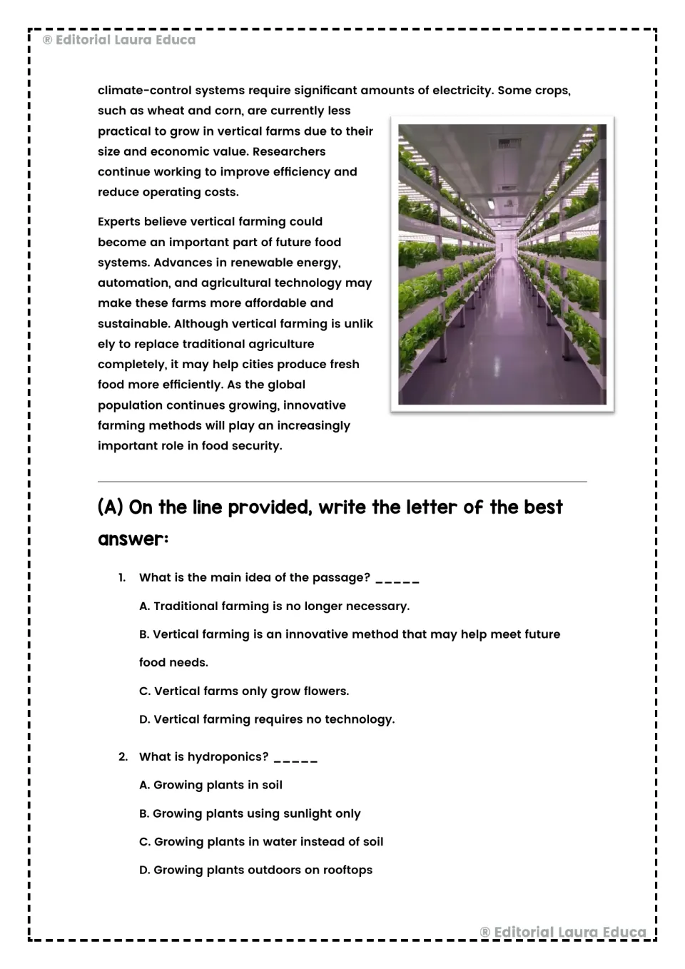Passage conclusion covers farming costs and future technology; multiple-choice questions ask about hydroponics.