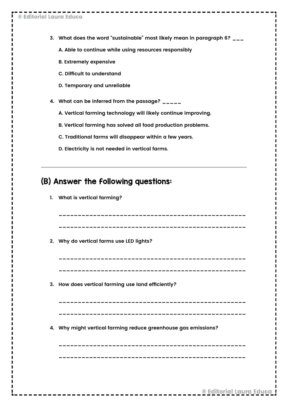 Comprehension questions cover sustainable farming, inference, LED lights, land use, and transportation.