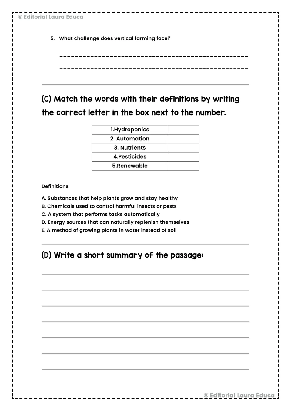 Farming challenge question, vocabulary matching for hydroponics and four more terms, and a passage summary task.