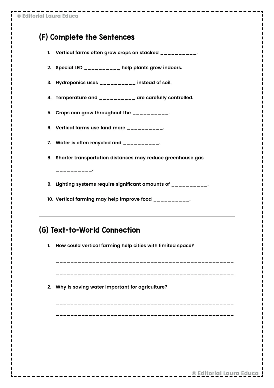 Ten sentence completions review vertical farming; two connection questions address city space and saving water.