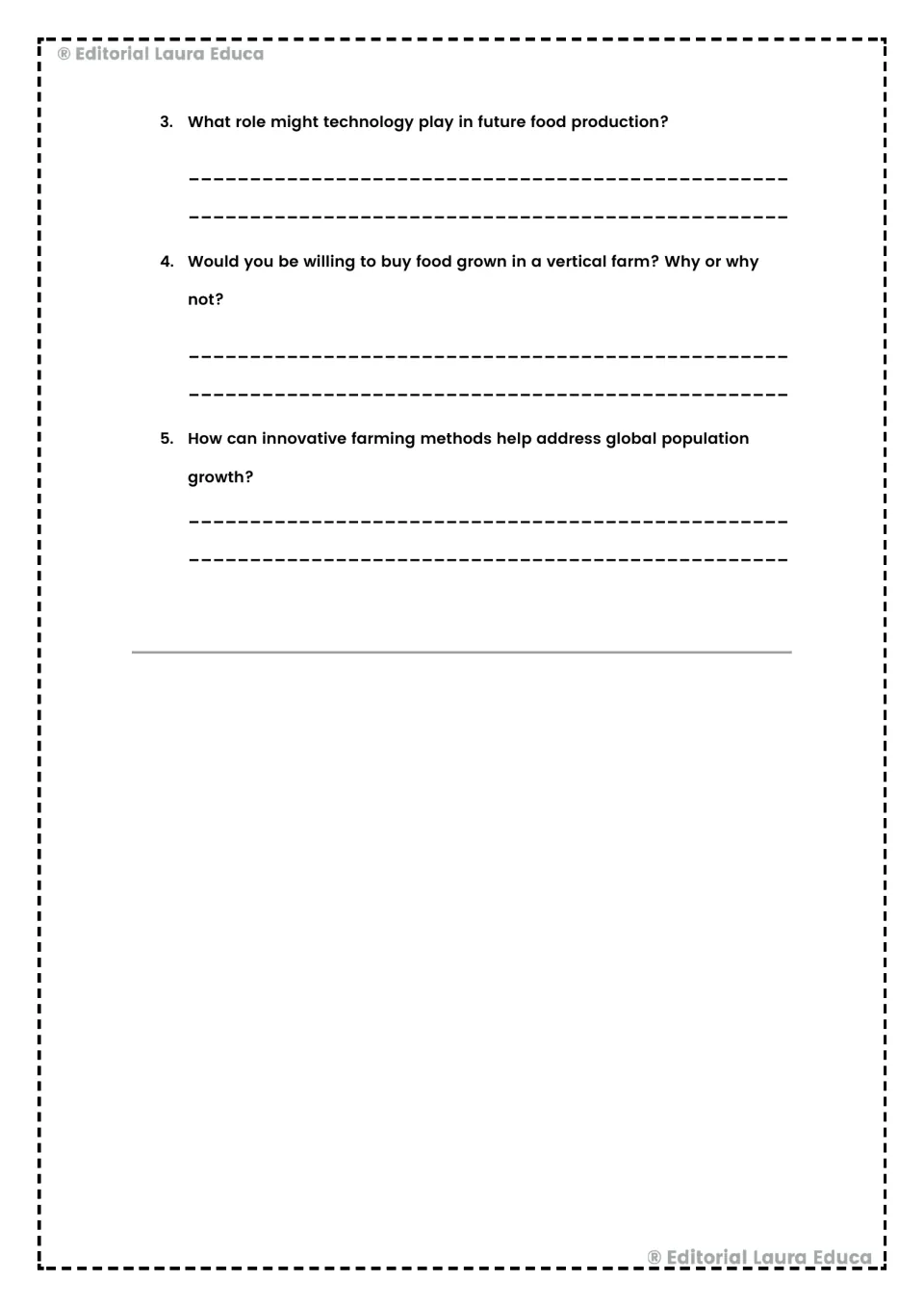Text-to-world questions 3–5 ask about farming technology, buying vertically grown food, and population growth.