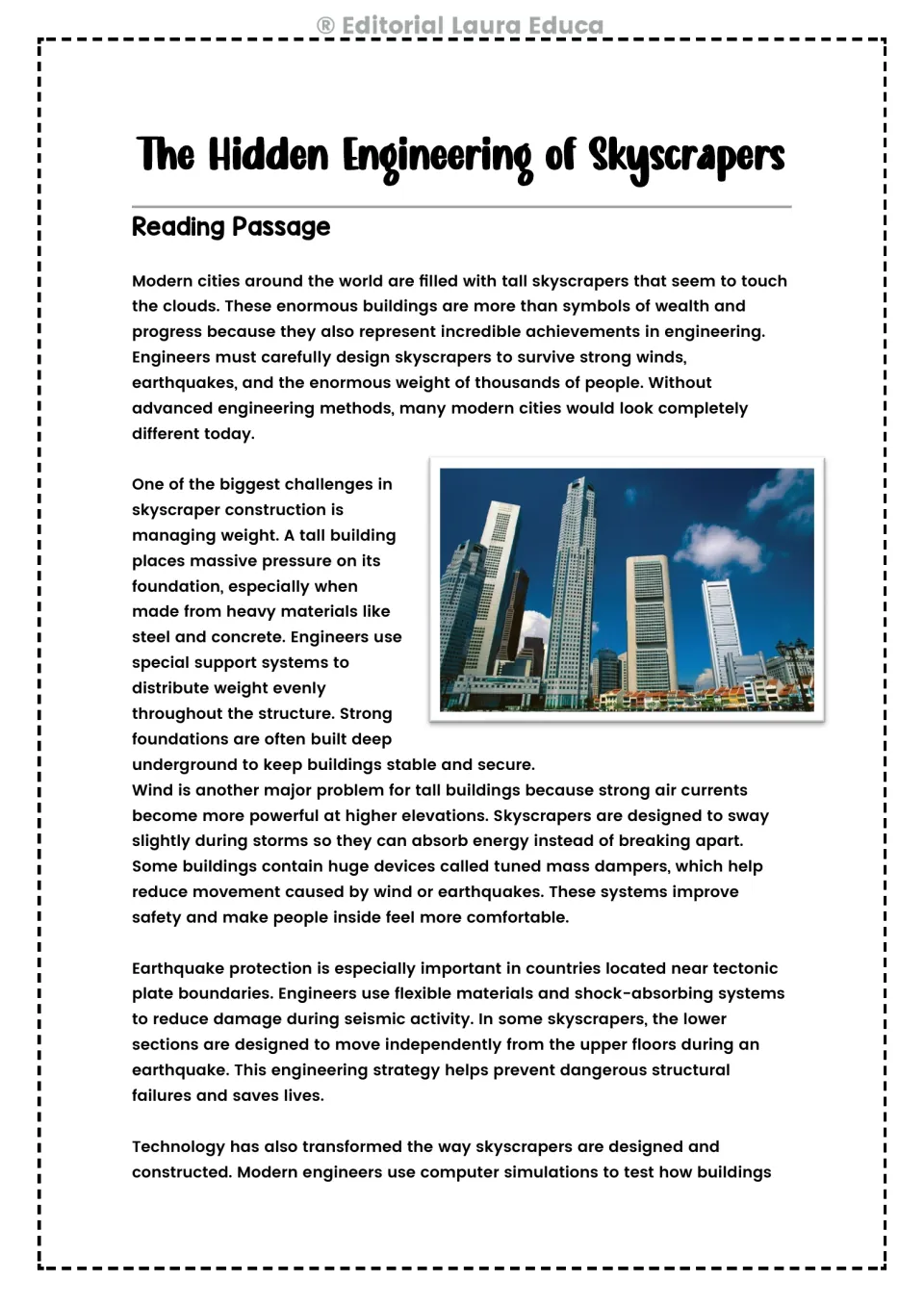 Reading passage opening explains skyscraper foundations, weight, wind, earthquake protection, and technology.