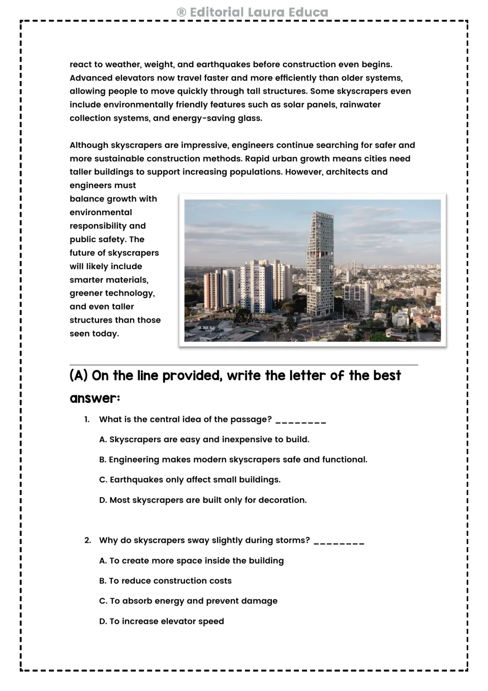 Passage conclusion covers greener skyscrapers; two multiple-choice questions ask about the main idea and sway.