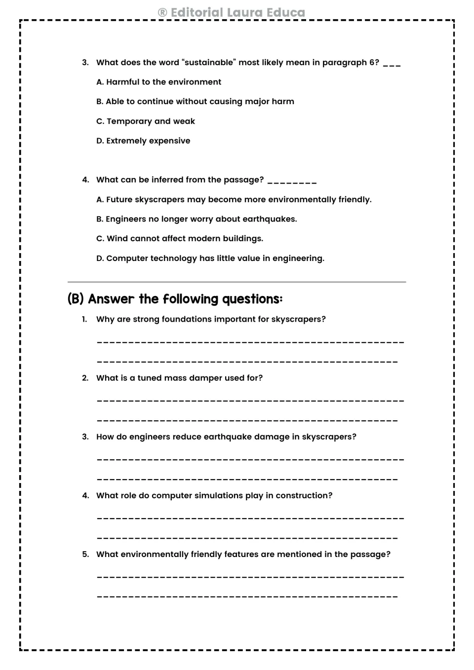 Comprehension practice asks about sustainable, inference, foundations, dampers, simulations, and green features.