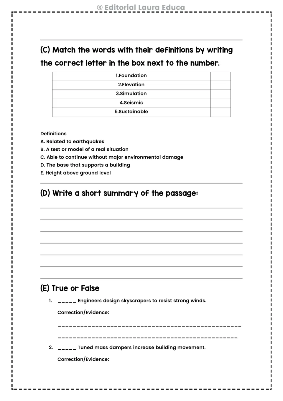 Vocabulary matching covers five engineering terms, followed by a summary prompt and two true-or-false items.
