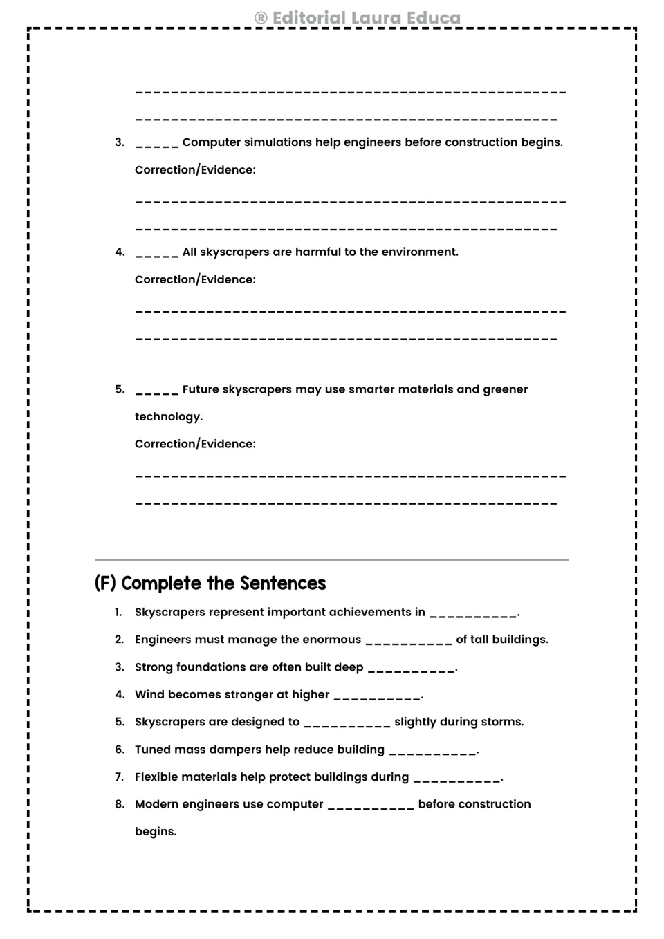 True-or-false items address simulations and green design; eight sentence blanks review skyscraper engineering.