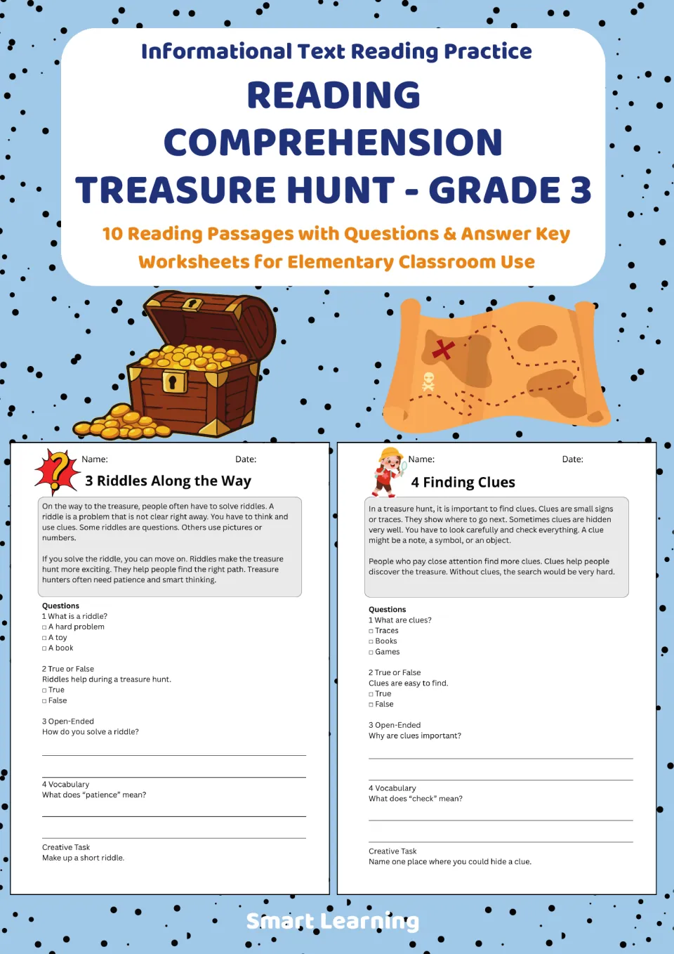 Cover of the Grade 3 treasure hunt reading packet advertising 10 passages, questions, and an answer key