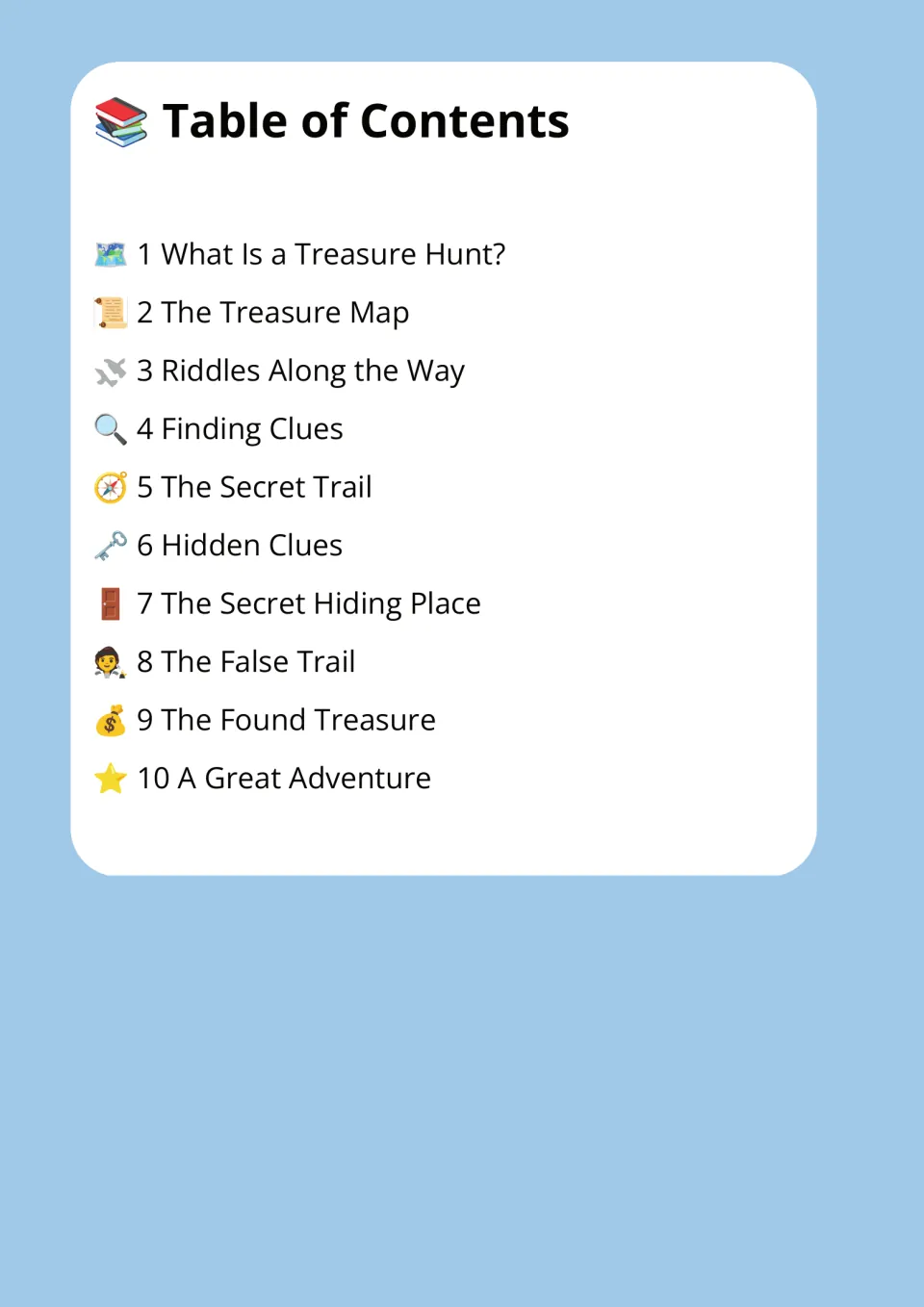 Contents for the reading packet listing 10 topics, from What Is a Treasure Hunt? to A Great Adventure
