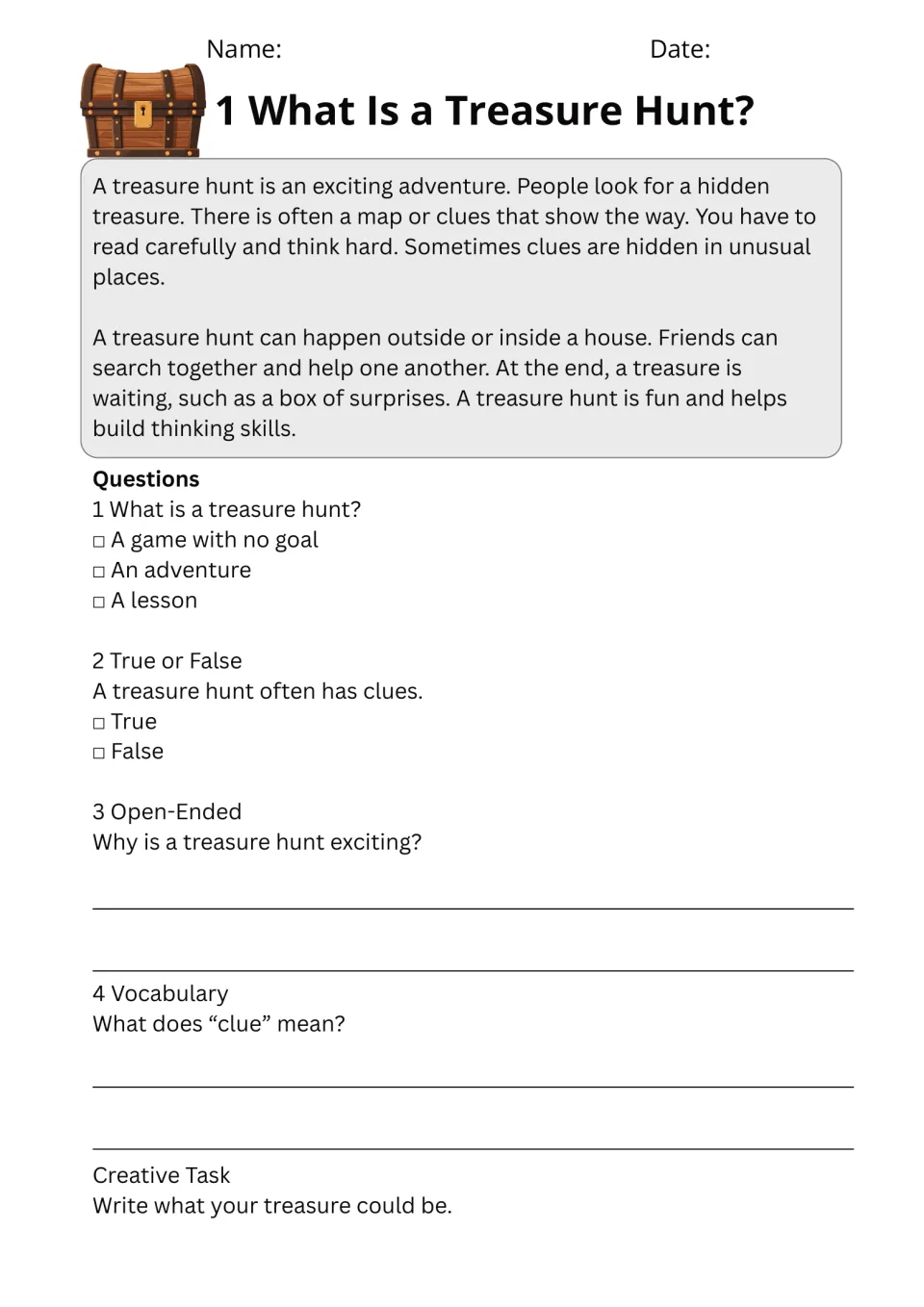 Passage 1, What Is a Treasure Hunt?, has comprehension questions, clue vocabulary, and a treasure writing task
