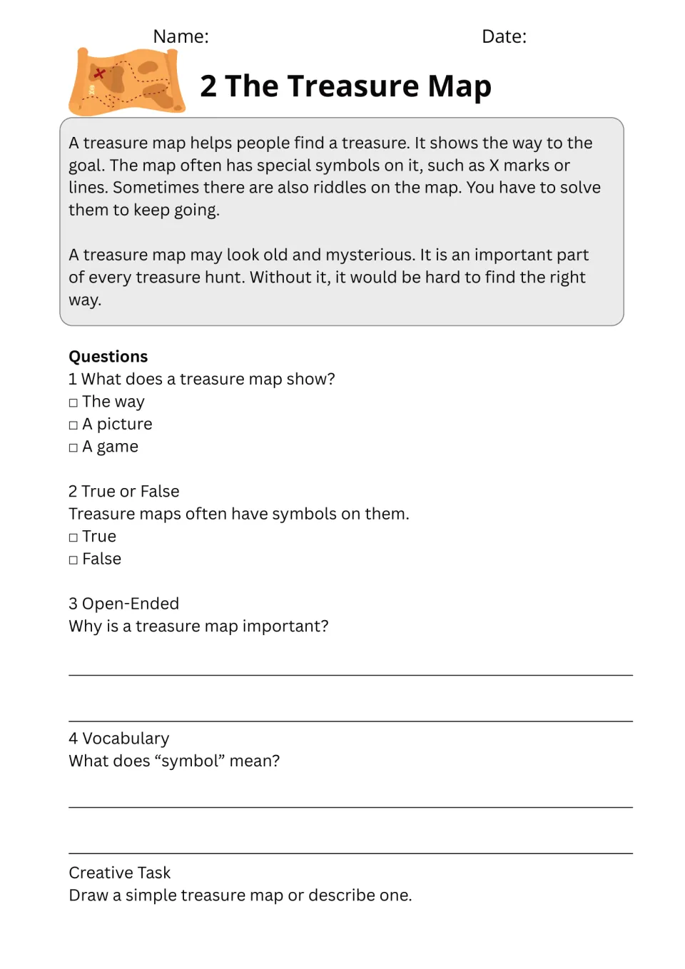 Passage 2, The Treasure Map, has comprehension questions, symbol vocabulary, and a map drawing or writing task