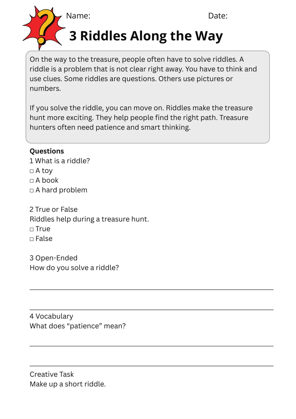 Passage 3, Riddles Along the Way, has comprehension questions, patience vocabulary, and a riddle writing task