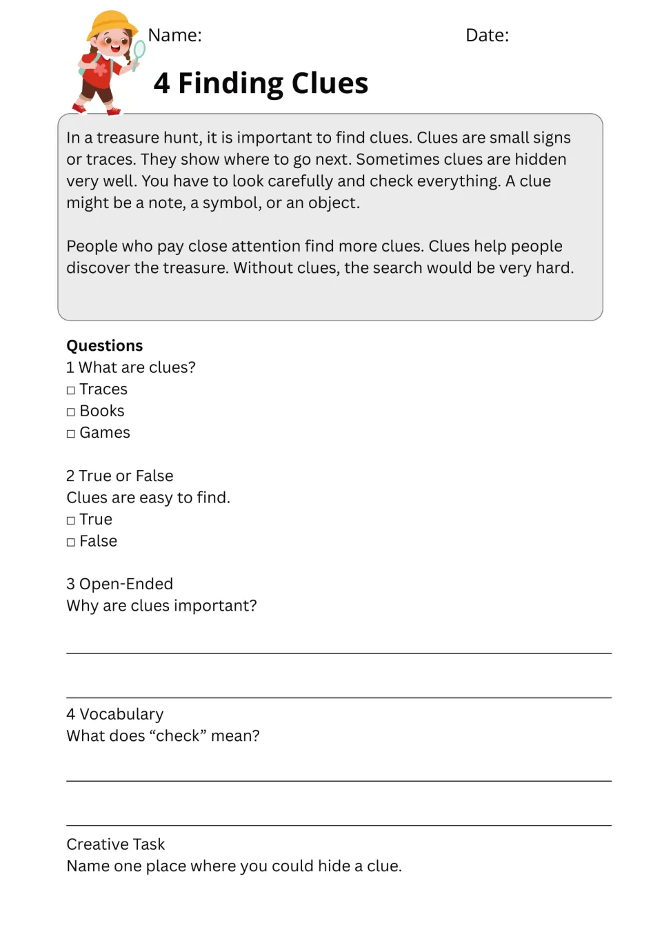 Passage 4, Finding Clues, has comprehension questions, check vocabulary, and a prompt to name a clue hiding place