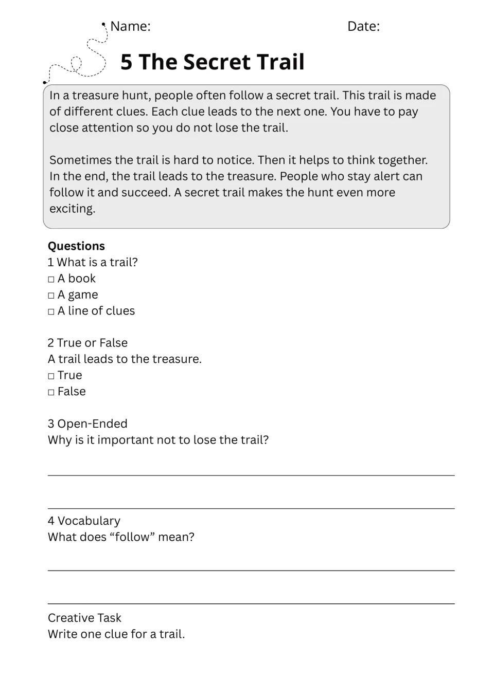 Passage 5, The Secret Trail, has comprehension questions, follow vocabulary, and a task to write a trail clue