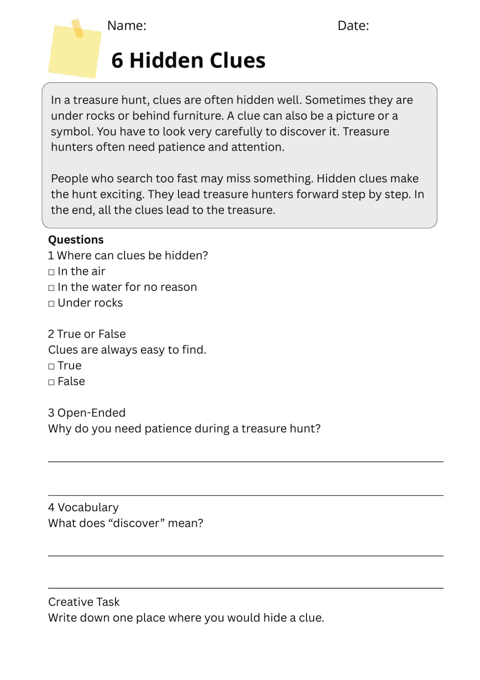 Passage 6, Hidden Clues, has comprehension questions, discover vocabulary, and a task to suggest a hiding place