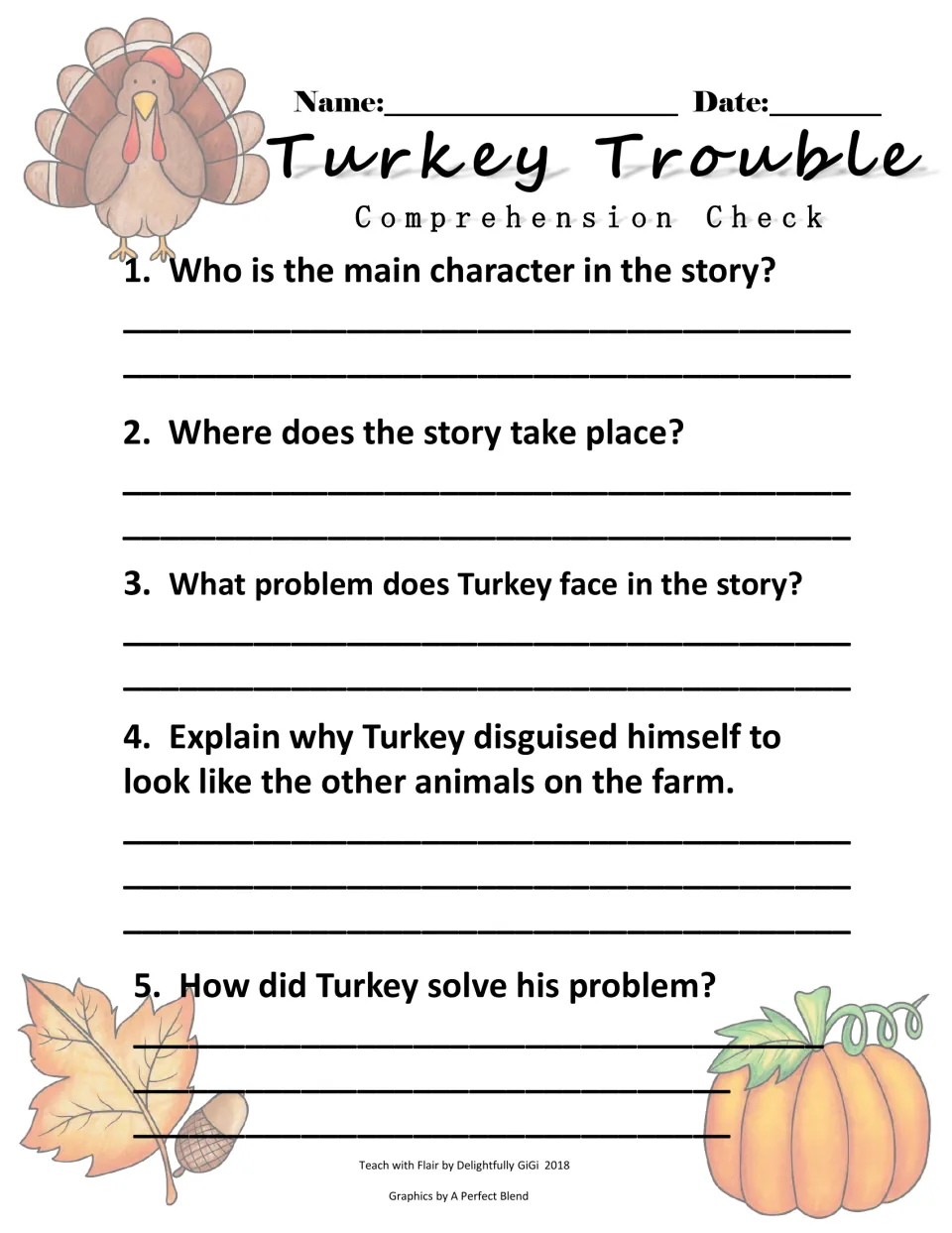 Turkey Trouble comprehension check: students write answers on character, setting, problem, disguise and solution