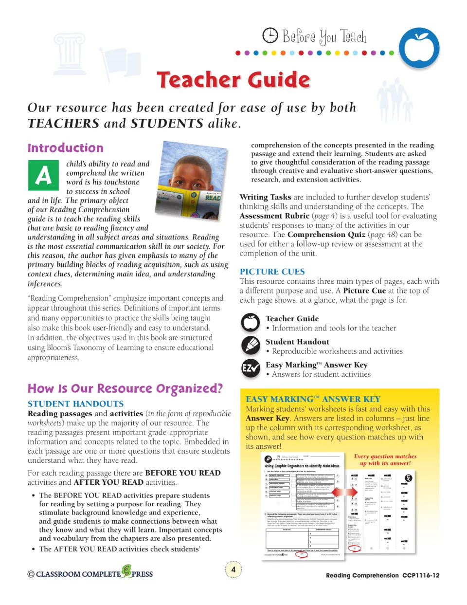Teacher guide explains before-and-after reading activities, writing tasks, assessment, and answer key use