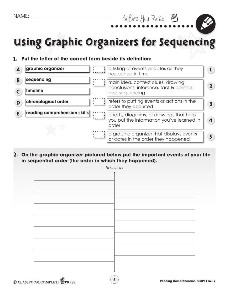 Before-reading activity asks students to match five sequencing terms and create a timeline of life events