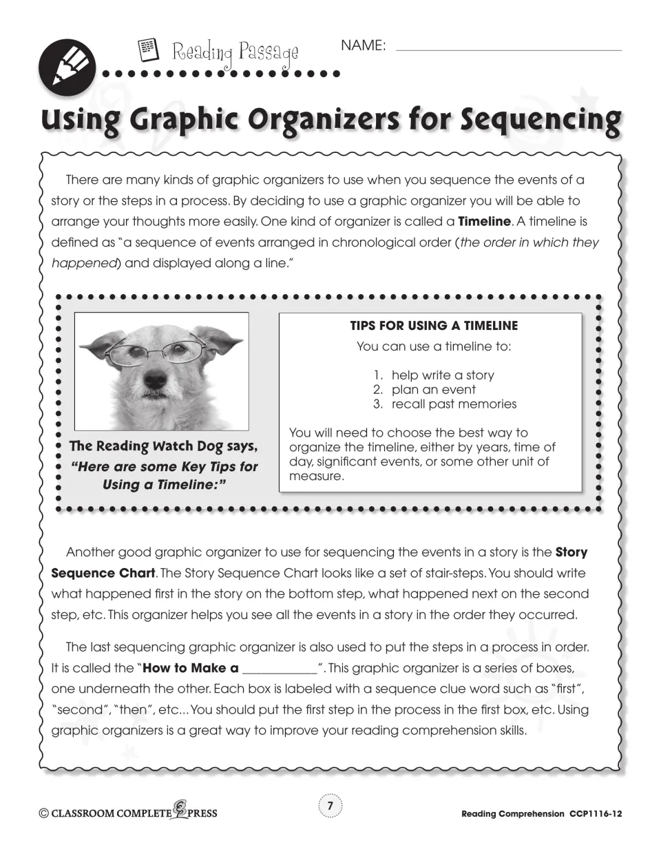 Reading passage explains timelines, story sequence charts, and how-to organizers for ordering events and steps
