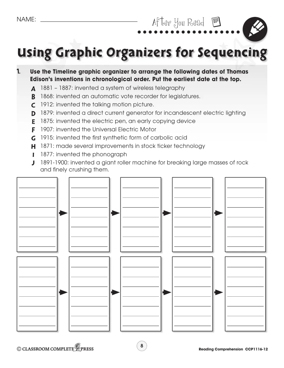 After-reading activity asks students to arrange ten dated Thomas Edison inventions in chronological order