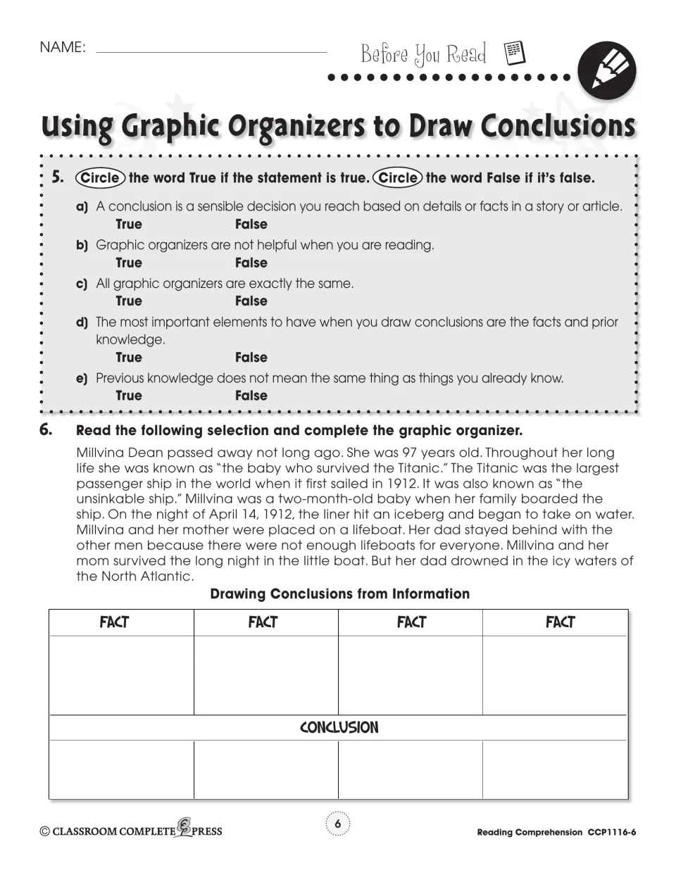 Before-reading practice pairs five true-or-false statements with a Titanic passage and a conclusions organizer