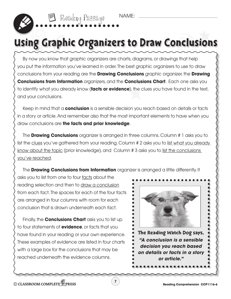Reading passage explains three graphic organizers for drawing conclusions using facts, clues, and prior knowledge