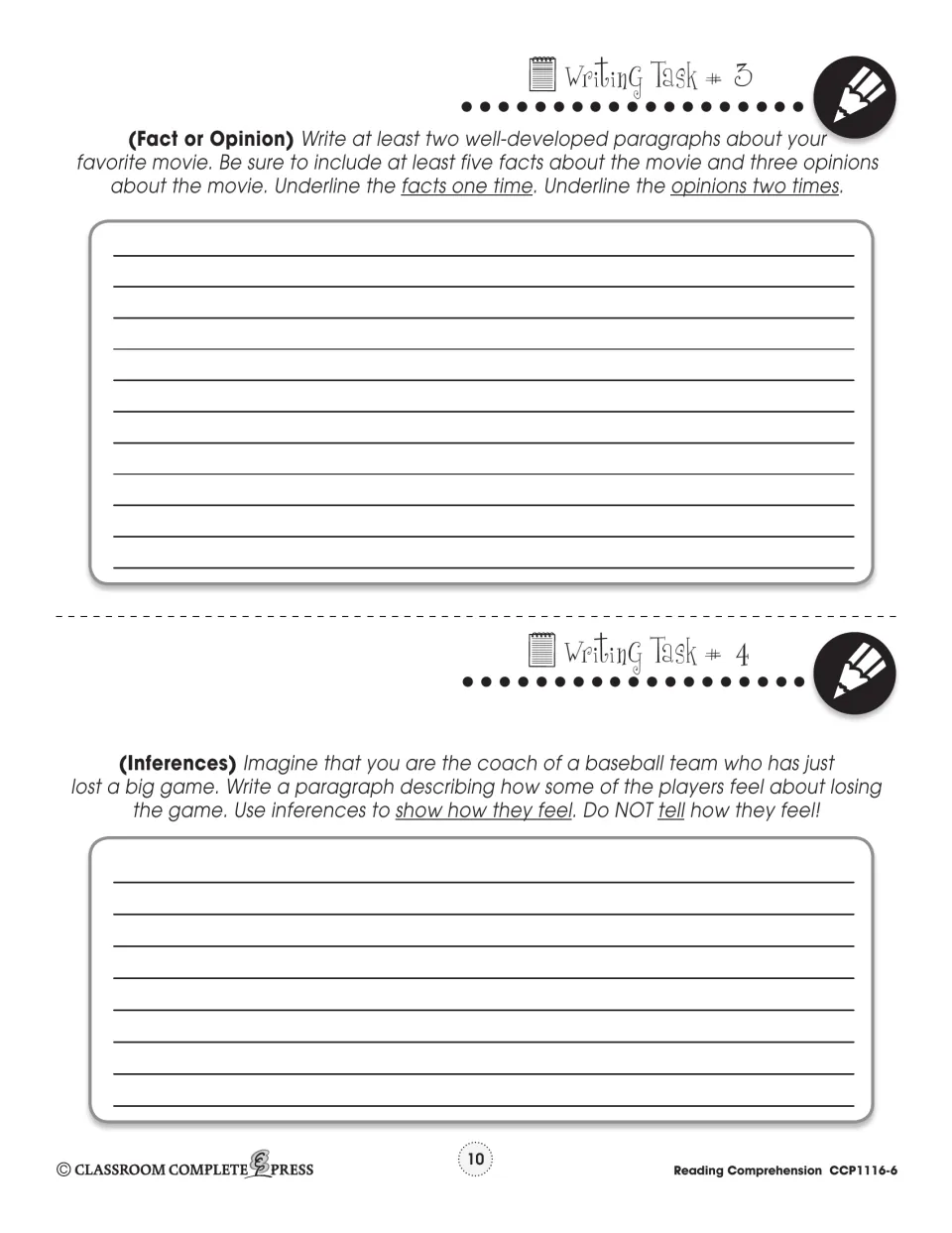 Writing tasks 3–4 ask for movie facts and opinions and a paragraph showing baseball players’ feelings after a loss