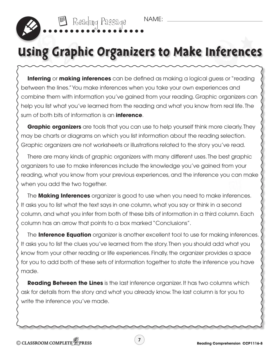 Reading passage defining inferences and three organizers: Making Inferences, Inference Equation, Reading Between the Lines