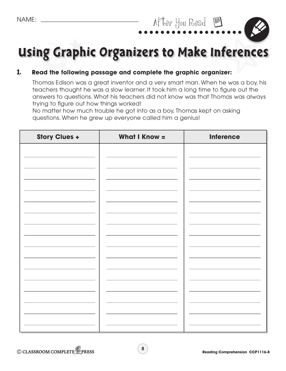 After You Read: students read a Thomas Edison passage and fill in a Story Clues + What I Know = Inference organizer