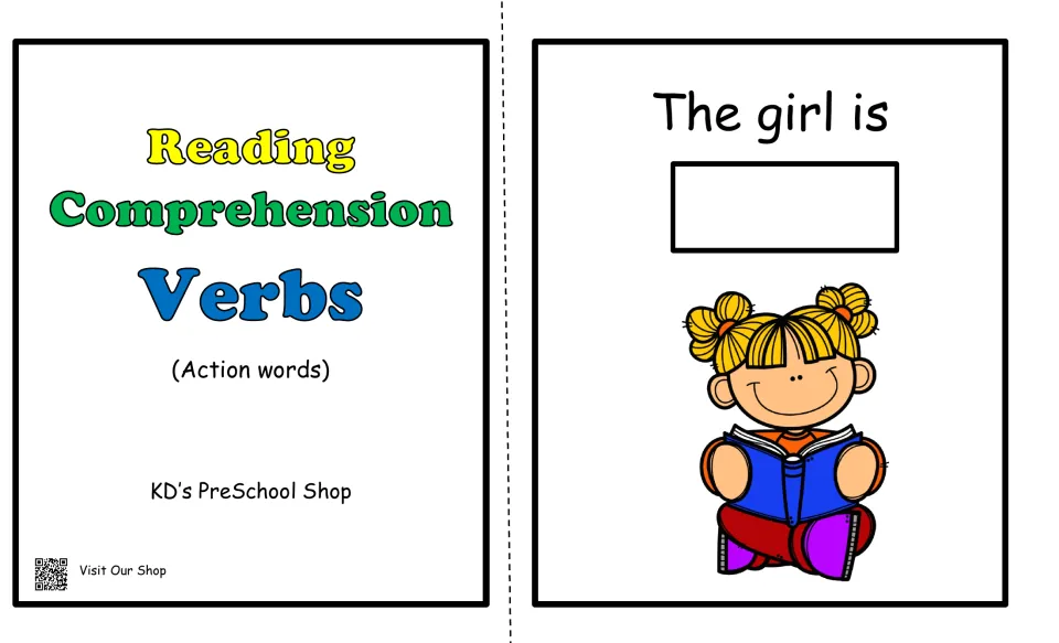 Reading Comprehension Verbs (Action words) cover beside the first booklet page: The girl is, with a girl reading a book