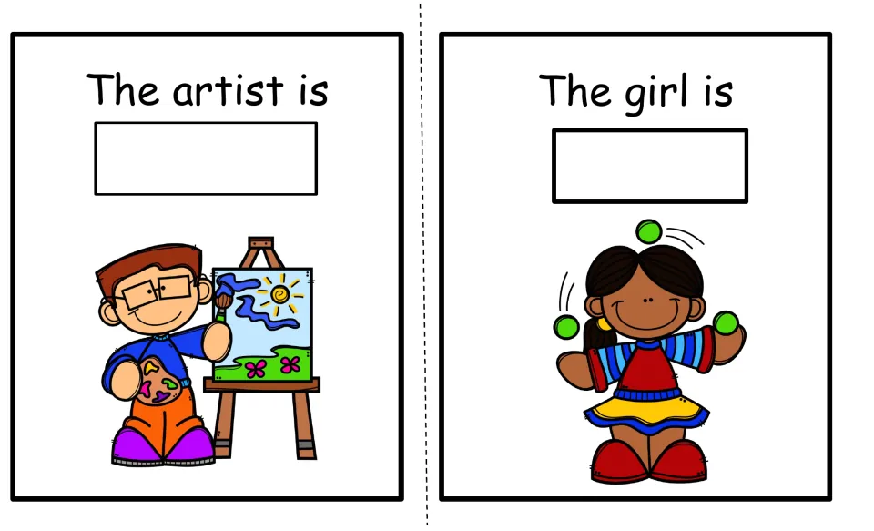 Action verbs: students read The artist is and The girl is, then add the verb for an artist painting and a girl juggling