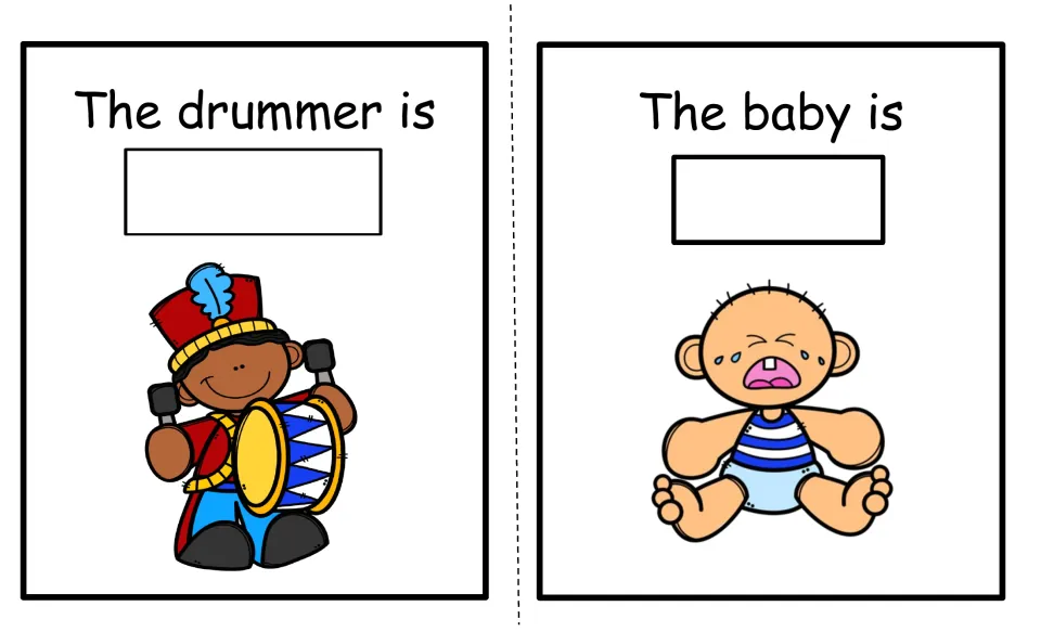 Action word pages: The drummer is and The baby is, where students supply the verb for a marching drummer and a crying baby