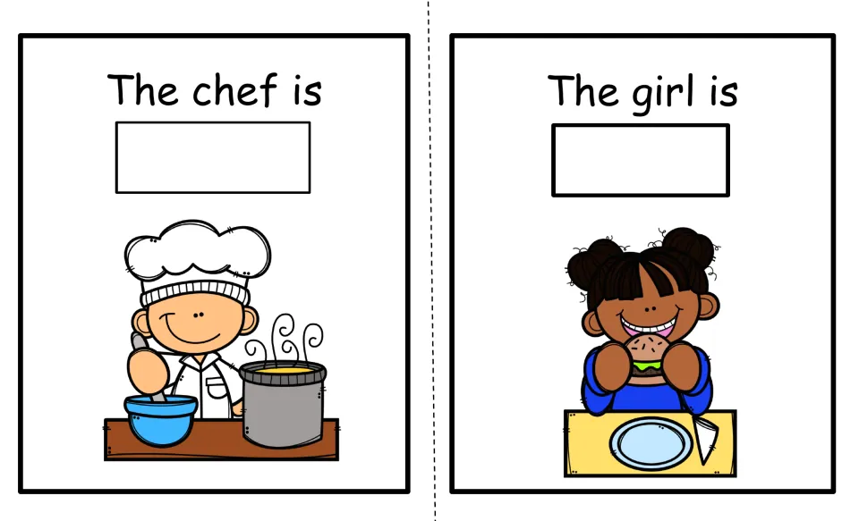 Verb sentences: The chef is and The girl is; students choose the verb for a chef cooking and a girl eating a burger