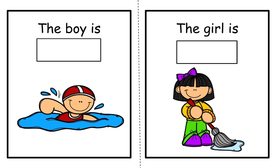 Action word pages: The boy is and The girl is, where students give the verb for a boy swimming and a girl mopping the floor