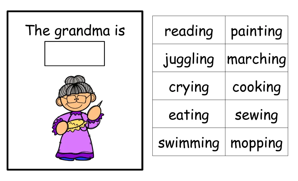 Final booklet page, The grandma is, showing a grandma sewing, next to cut-out verb word cards from reading to mopping