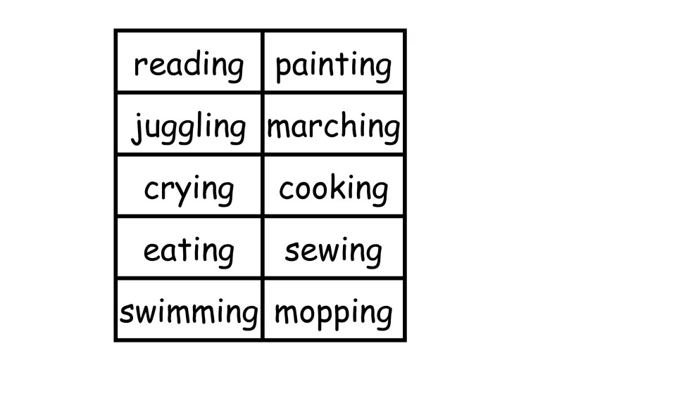 Verb word cards to cut out: reading, painting, juggling, marching, crying, cooking, eating, sewing, swimming and mopping
