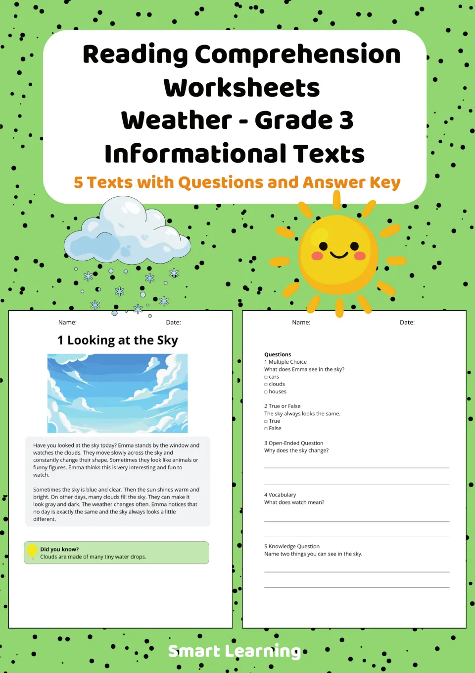Weather reading comprehension cover: 5 informational texts with questions and answer key, showing sky text and questions