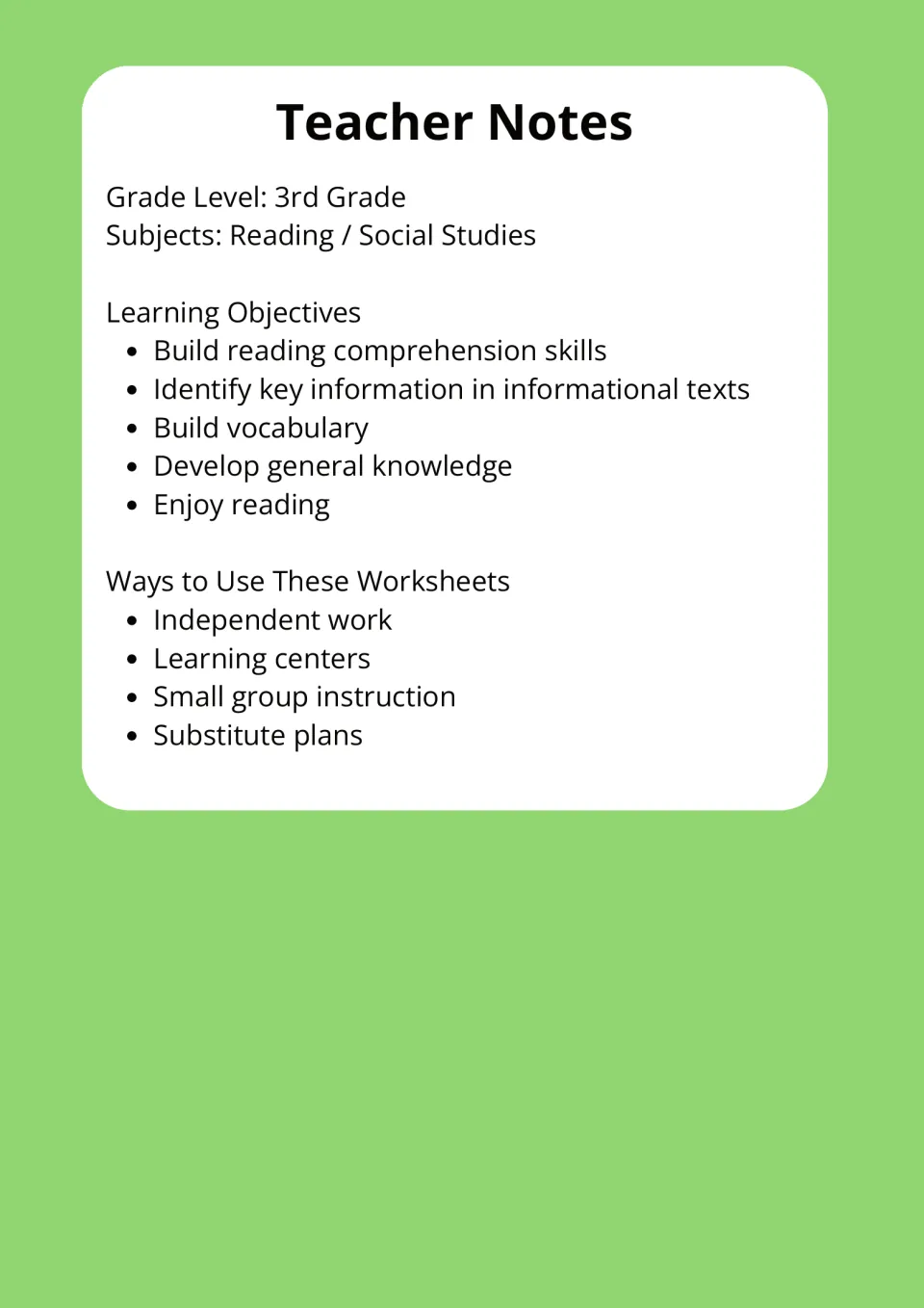 Teacher notes listing reading and social studies objectives plus uses: independent work, centers, small groups, sub plans
