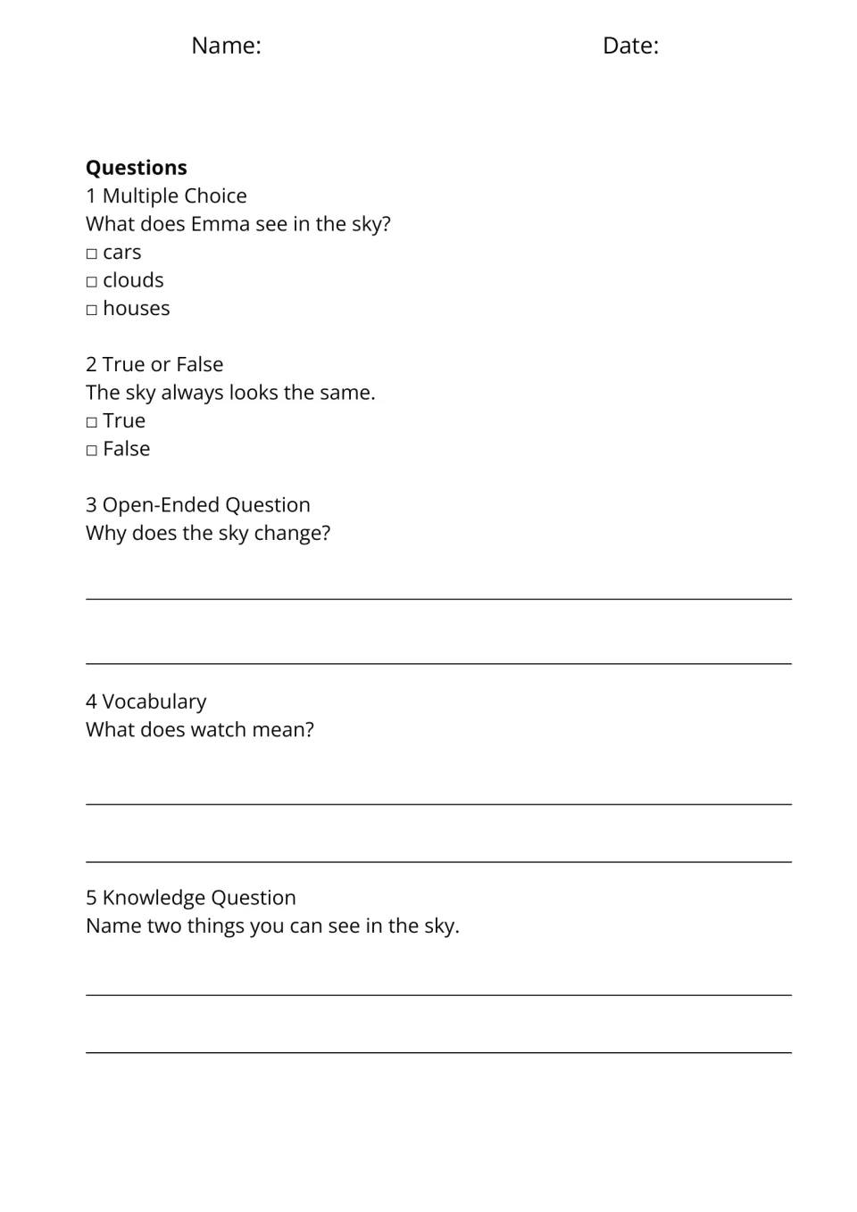 Sky questions: students answer multiple choice, true or false, why the sky changes, the meaning of watch and two sky sights