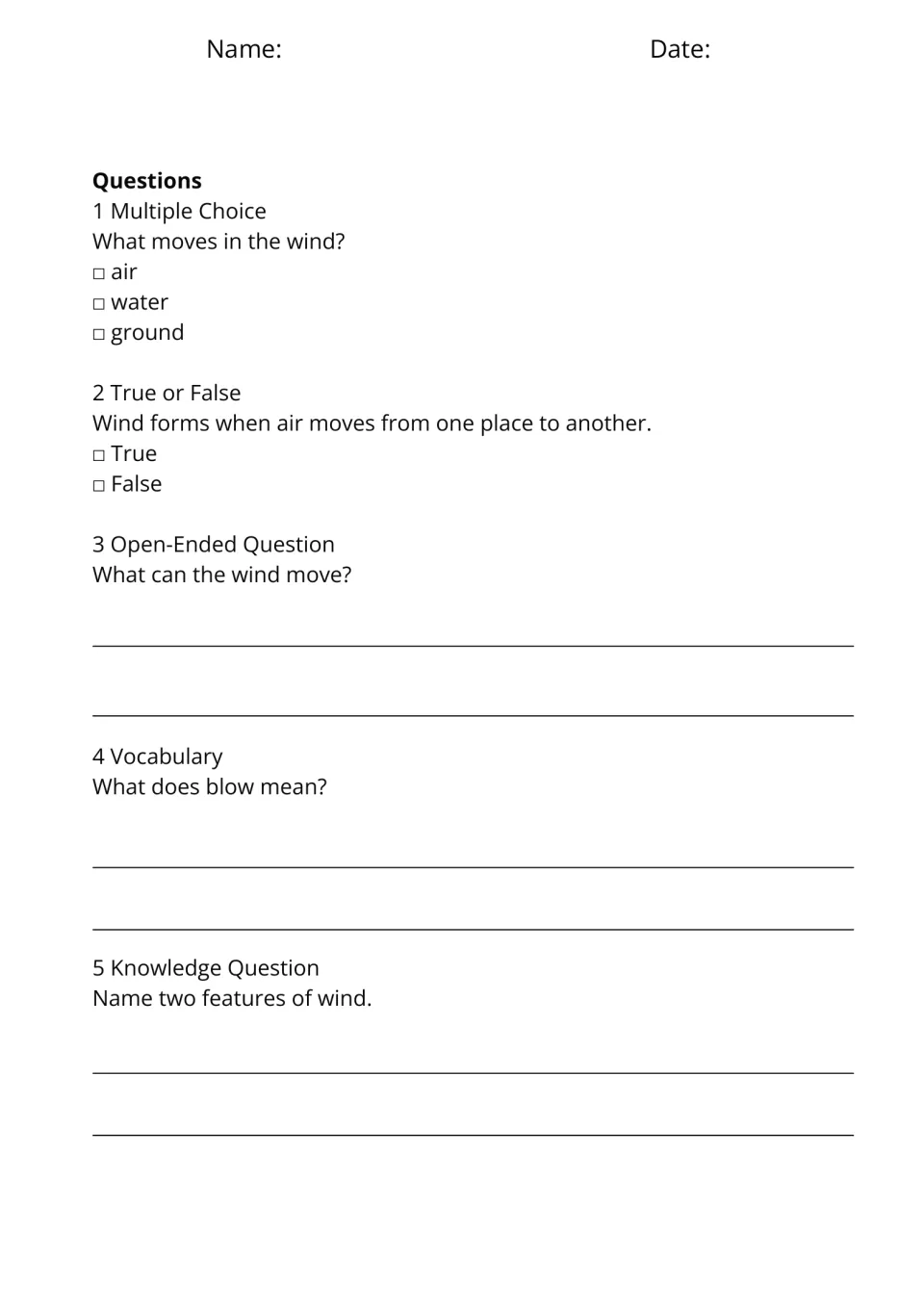 Wind questions: students choose what moves in the wind, check a true-false fact, define blow and name two features of wind