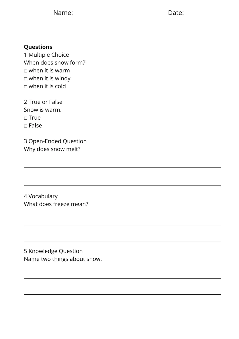 Snow questions: students choose when snow forms, judge if snow is warm, explain why snow melts and define the word freeze