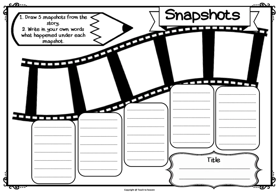 Snapshots: students draw 5 key moments from a story on a film strip and write what happened under each in their own words
