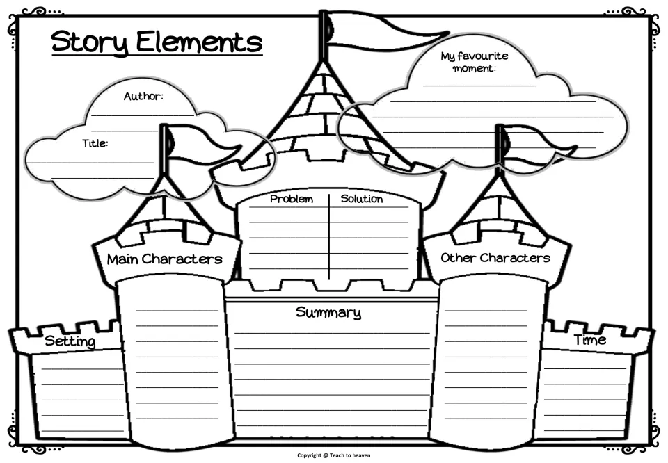 Story Elements castle: students note characters, setting, time, problem and solution, a summary and their favourite moment