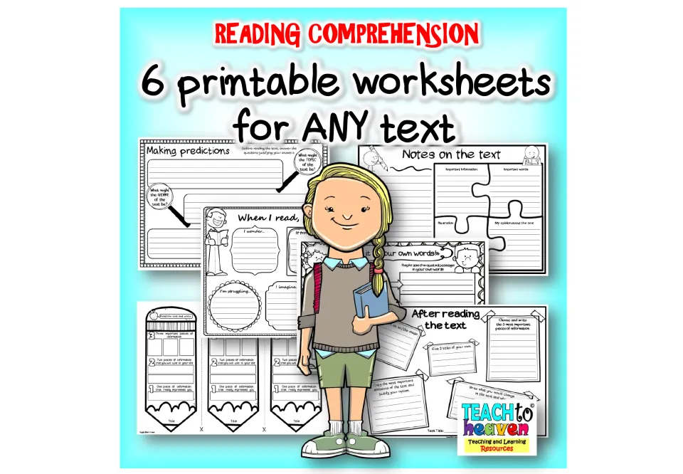 Reading comprehension cover: 6 printable worksheets for any text, previewing prediction, notes and after-reading pages