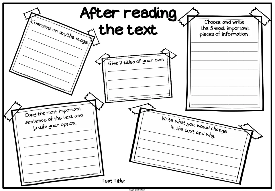 After reading the text: students comment on an image, give 2 new titles, list 5 key facts and justify the key sentence