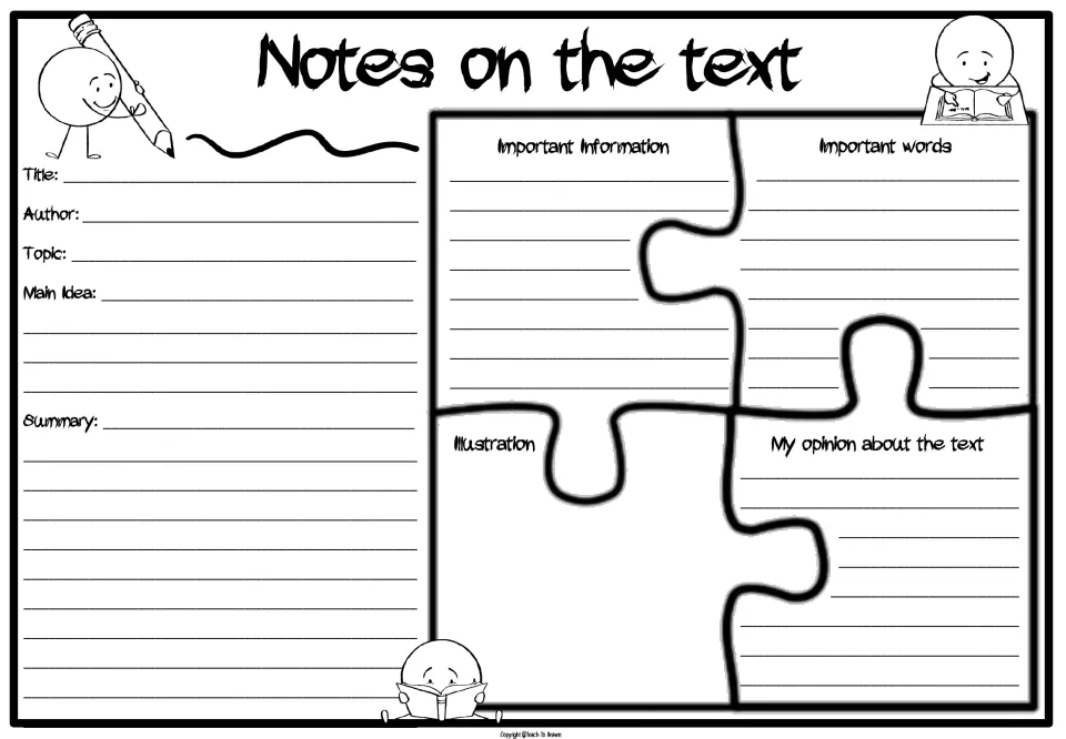 Notes on the text: students record title, author, topic, main idea and summary, plus key information, words and opinion