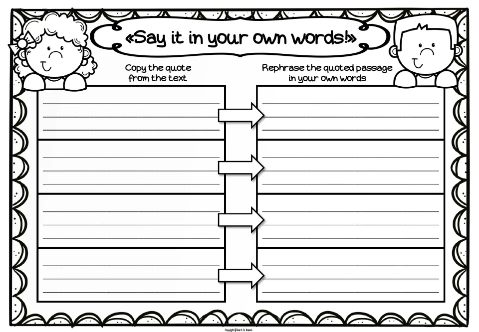 Say it in your own words: students copy four quotes from the text and rephrase each passage to practise paraphrasing