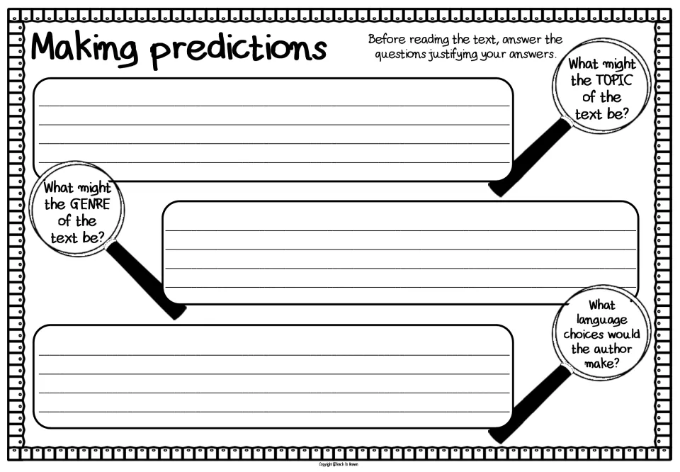 Making predictions: before reading, students predict the topic, genre and author's language choices and justify answers