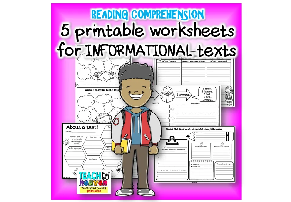 Cover: 5 printable reading comprehension worksheets for informational texts, with KWL chart and organizer previews